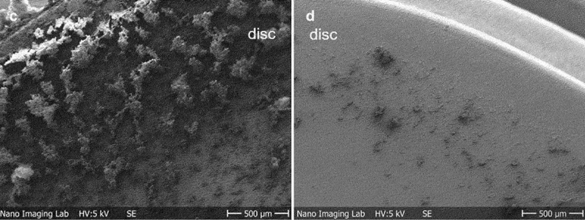 Scanning electron microscope comparison: same tooth-like surface with cavity-causing bacteria after 72 hours, without Fenn Method on the left and with Fenn Method on the right.